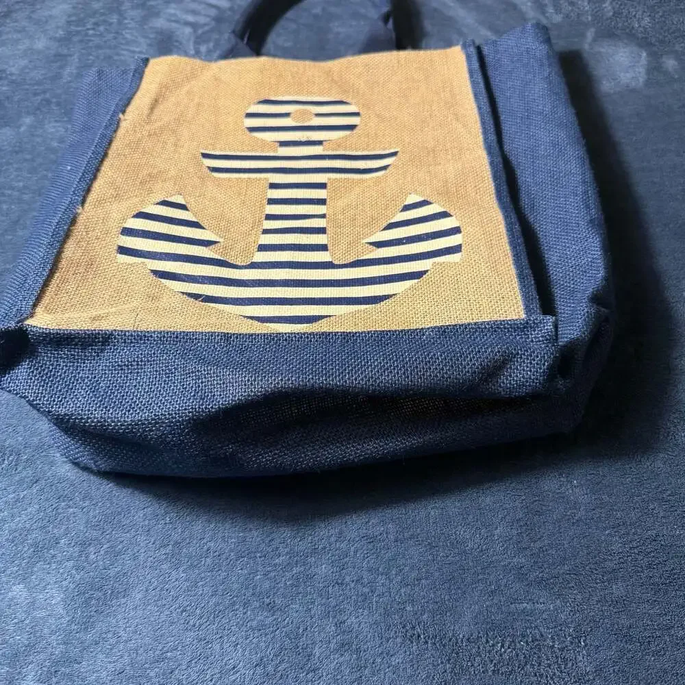 Nautical Anchor Print Natural Jute and Navy Burlap Beach Tote Bag